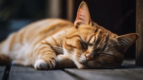 An Orange Tabby Cat Sleeping On Top Of A Wooden Floor Background A