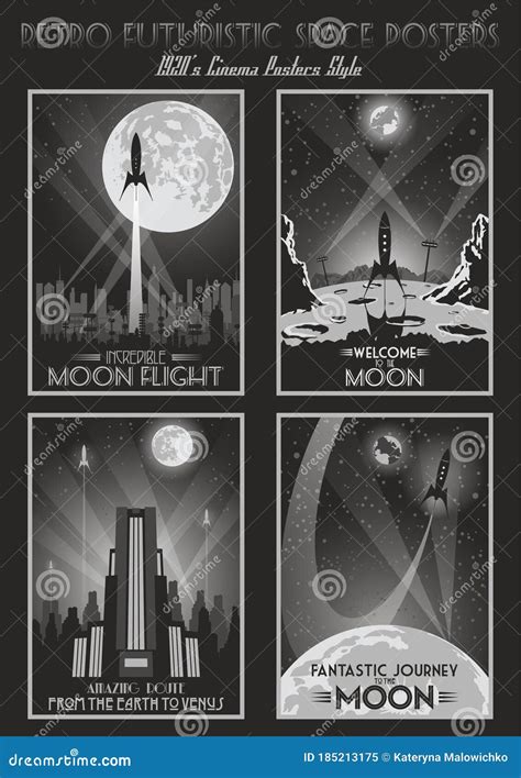 1920s Style Retro Fantastic Space Posters Cartoon Vector