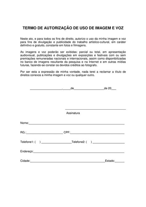 Modelo de termo de autorização de uso de imagem e voz PDF