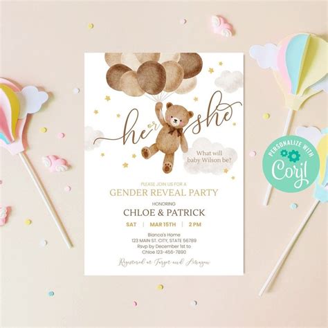 Invitación editable de revelación de género de oso de peluche