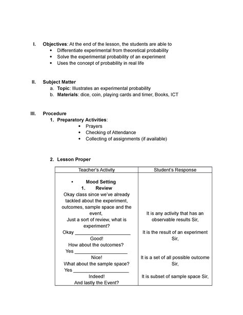 Lesson Plan In Math 8 Illustrates An Experimental Probability I