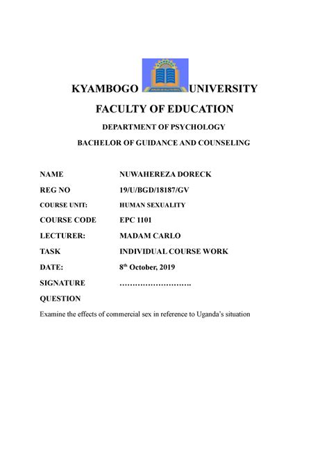 Commercial Sex Coursework Kyambogo University Faculty Of Education Department Of Psychology