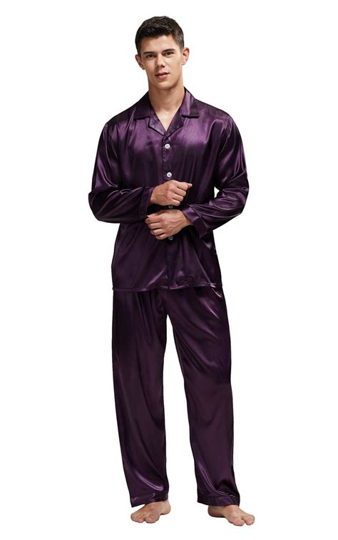 Mens Silk Satin Pajama Set Long Sleeve Dark Purple With Black Piping Tony And Candice