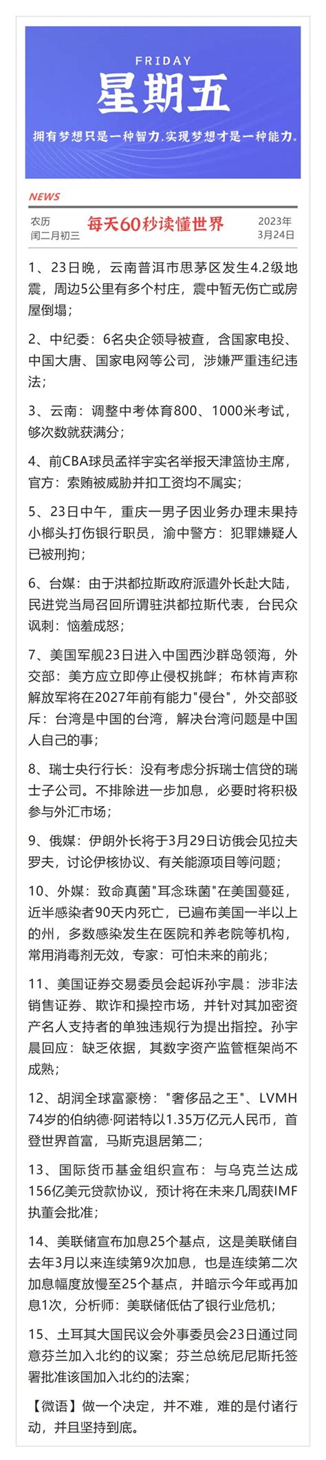 每日新闻2023年3月24日 每日新闻每天60秒带你认识世界
