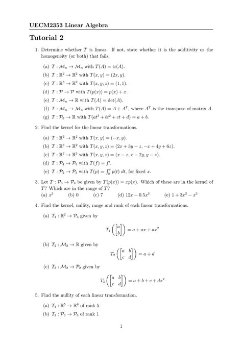 Tutorial 2 Uecm2353 Linear Algebra Tutorial 2 Determine Whether T Is