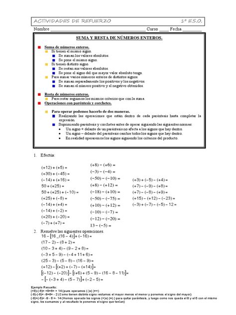 Numeros Enteros 1 Eso Pdf Entero Soporte