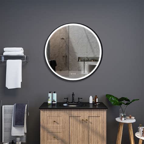 24 Black Frame Round Led Bathroom Wall Mirror Acrylic Anti Fog Homary