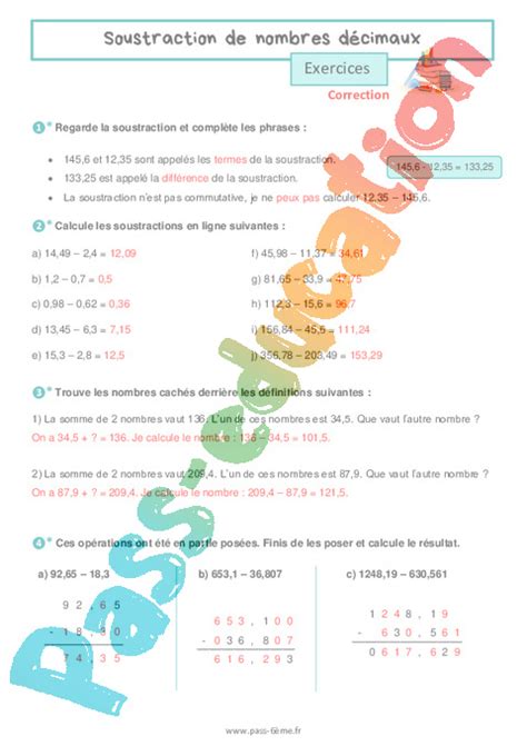 Soustraction De Nombres D Cimaux Exercices De Nombres Et Calculs Pour