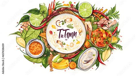 Thai Food Top View Vector Illustration Food Menu Design Template Hand