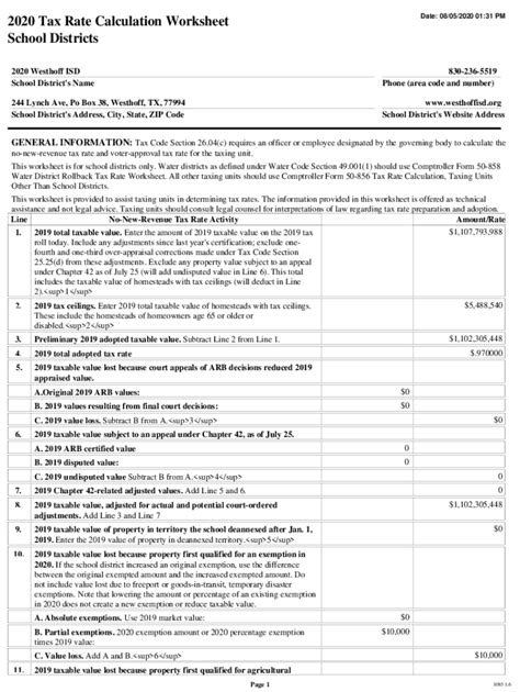 Fillable Online Tax Rate Calculation Worksheet Dewitt County