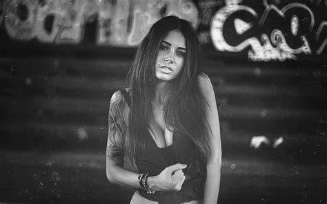 Anime Model Dark Hair Graffiti Women Boobs Monochrome Brunette Diana