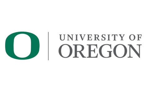 the university of oregon logo is shown in green and gray on a white background,