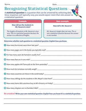 Recognizing Statistical Questions Worksheet Education