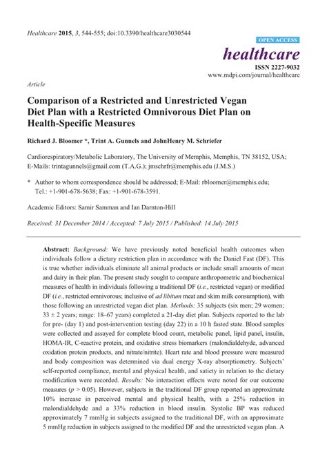 (PDF) Comparison of a Restricted and Unrestricted Vegan Diet Plan with ...