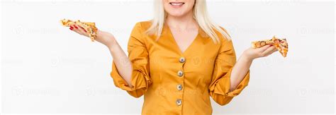 Happy Young Woman Eating Slice Of Hot Pizza Isolated On White 21546482