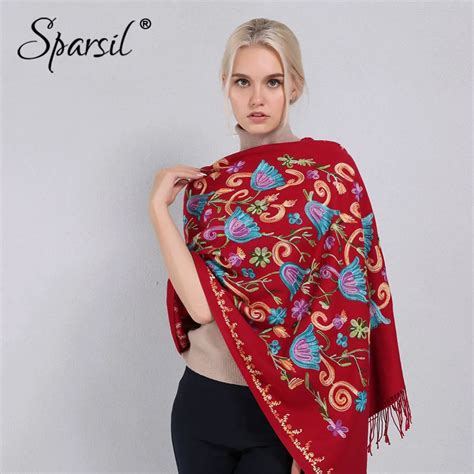 Buy Sparsil Women Cashmere Embroidery Pashmina Long Winter Scarf Soft Tassel