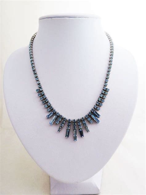 Vintage Pale Blue Rhinestone Fringe Necklace With Baguettes Etsy