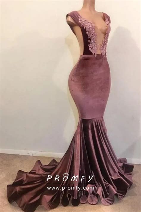 Vintage Mauve Velvet With Lace Appliques Prom Dress Promfy