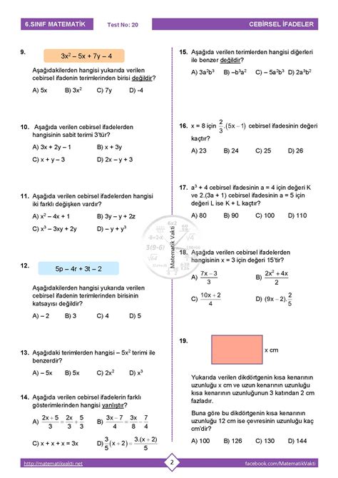 Cebirsel Ifadeler 6 Sınıf Örnekler Çözümlü Çeşitli Örnekler