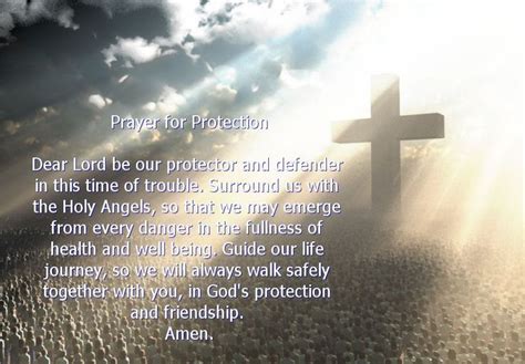 a cross with the words pray for protection in front of a cloudy sky and ...