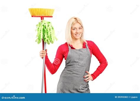 Female Cleaner Holding A Mop And A Broom Stock Photo Image Of Worker