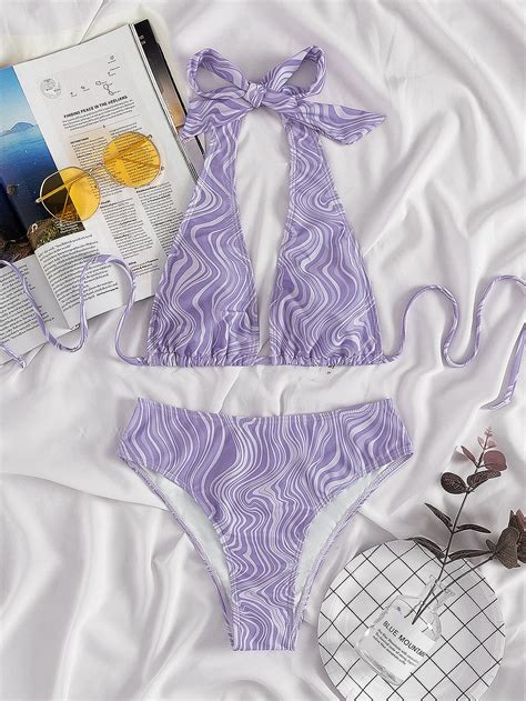 Fluid Pattern Halter High Waisted Bikini Swimsuit SHEIN USA