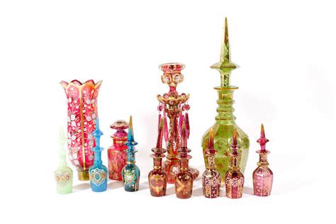 Bonhams A Bohemian Gilt Flashed Green Glass Decanter And Stopper A Ruby Jar And Stopper A