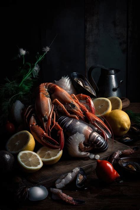 Lobsters Lemons And Other Seafood On A Table Ai Generative Image