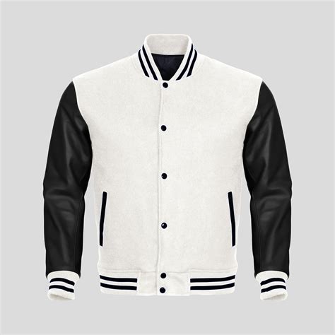 Black Faux Leather Sleeves White Wool Varsity Jacket