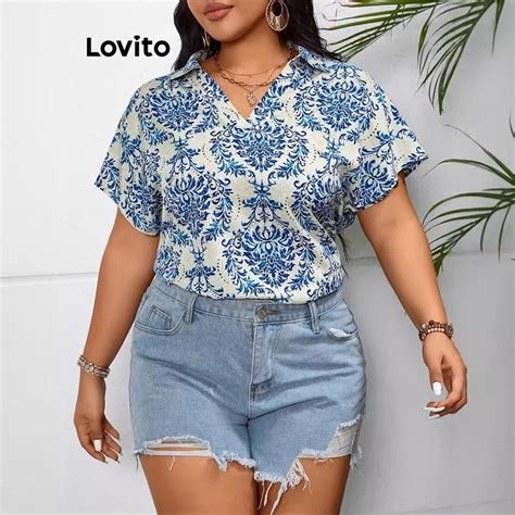 Lovito Women Plus Size Curve Elegant Tribal Print Pattern Blouse