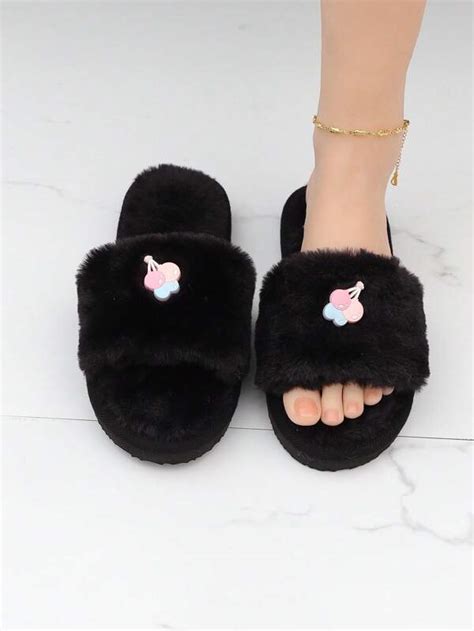 Women Cartoon Decor Fluffy Home Slippers Preppy Black Bedroom Slippers Shein Usa