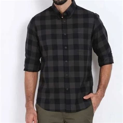 Checks Collar Neck Mens Black Cotton Check Shirt Machine Wash And