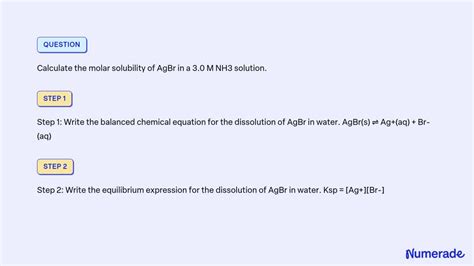 Solved Calculate The Molar Solubility Of Agbr In A 3 0 M Nh3 Solution