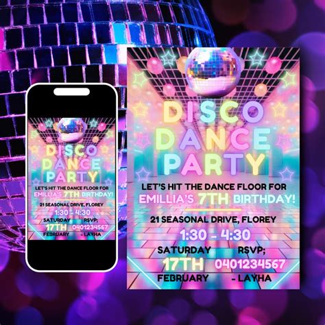 Editable Kids Disco Party Invitations Neon Dance Birthday Party