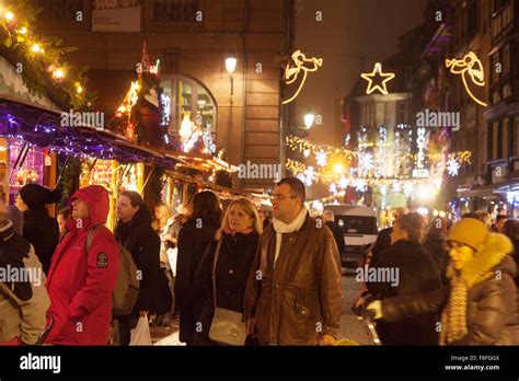 People Shopping And Christmas Lights Strasbourg Christmas Market