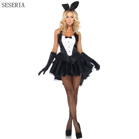 Seseria 4 Pcs Holloween Black Womens Sexy Bunny Costume Rabbit Girl Costume Nightclub Cute