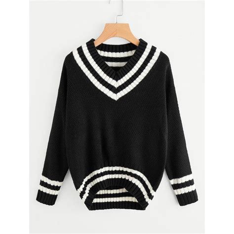 V Neckline Striped Trim Textured Jumper 79 BRL Liked On Polyvore