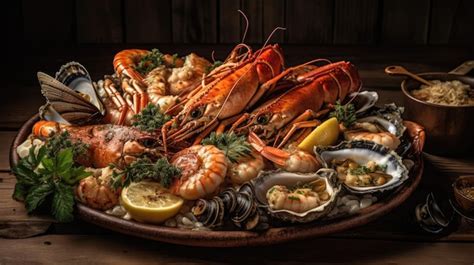 Premium Photo | A platter of seafood and oysters on a wooden table.