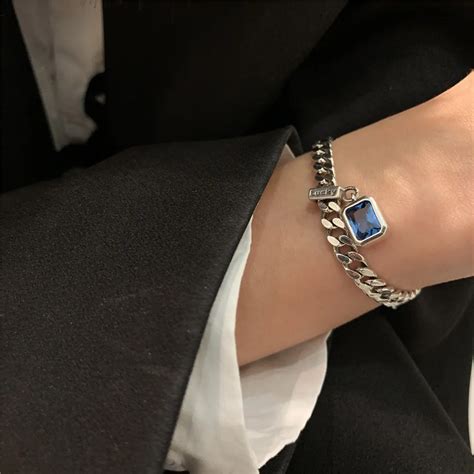 Bracelet Breloques Carr En Argent Sterling Cristal Bleu Forme