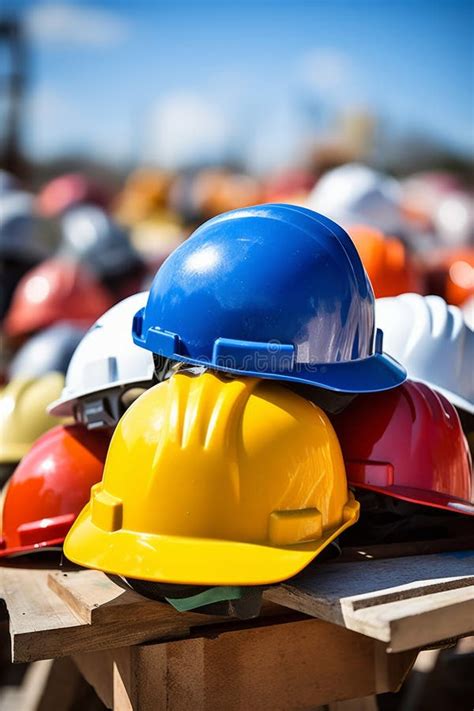 A Collection of Construction Hard Hats on a Building Site Stock ...