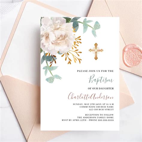 Floral White Greenery Gold Cross Baptism Invitation Zazzle