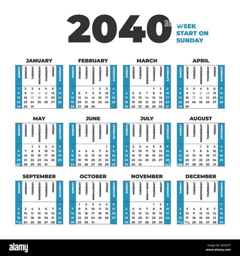 2040 Calendar template with weeks start on Sunday Stock Vector Image ...