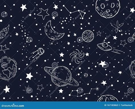 Seamless Night Sky Stars Pattern Sketch Moon Space Planets And Hand