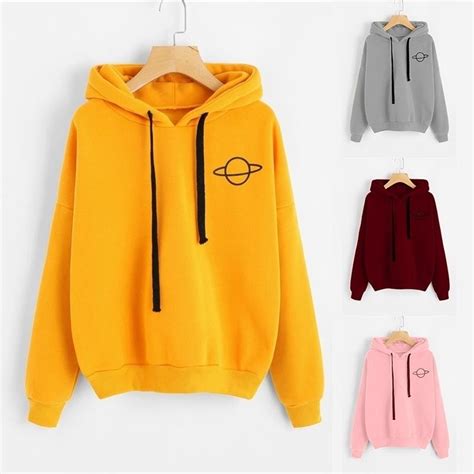 Women Planet Print Hoodies Casual Loose Plus Velvet Hooded Sweatshirt