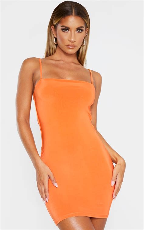 Orange Slinky Strappy Ruched Back Bodycon Dress Prettylittlething Ie