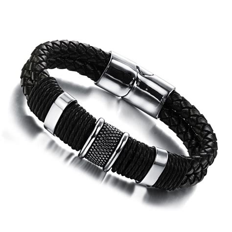 Genuine Leather Bracelet Men Stainless Steel Leather Braid Bracelet