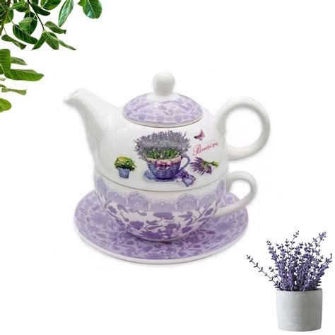 DZBANEK Z FILIŻANKĄ I SPODKIEM zestaw LAWENDA PORCELANA 450 ml BELLA