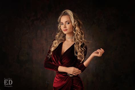 Denis Egorov Women Blonde Wavy Hair Dress Red Clothing Velvet Simple