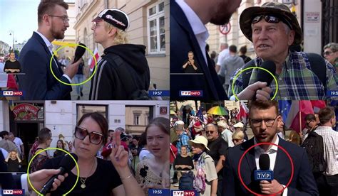 Reporter TVP na marszu trochę się wstydził i chował kostkę z logiem