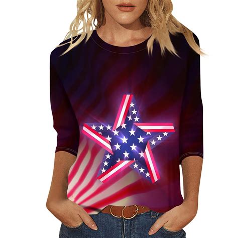 Julmcomo 4th Of July Womens American Flag 34 Sleeve Shirt Usa Flag Tee Shirt Casual Usa Flag